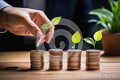 The Businessman's Money Stack with a Growing Tree on the Table - A Symbol of Smart Saving, Finance, and Accounting Stock Photo