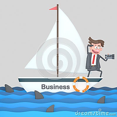 Businessman on a sailboat on the sea. 3D illustration. Cartoon Illustration