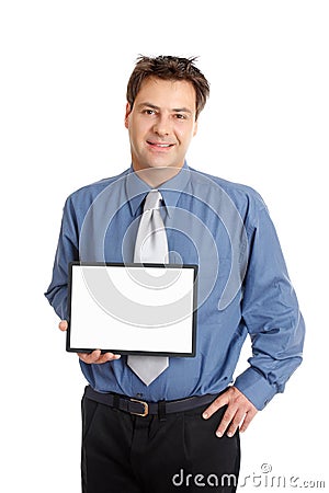 Businessman or salesman holding sign Stock Photo