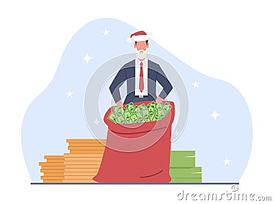 Businessman in Santa Claus suit with big bag of money. Happy man gives bonus gift to employee. Successful year. Profit Vector Illustration