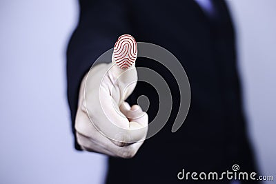 Businessman scan fingerprint with virtual screen interface to enter internet network.Futuristic virtual screen interface Stock Photo