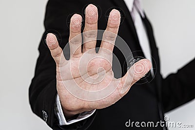 Businessman scan fingerprints for bio metric identity approval on screen. Network security system concept Stock Photo