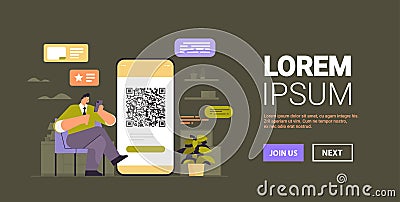 businessman scanning QR code on smartphone screen readable barcode verification concept Vector Illustration