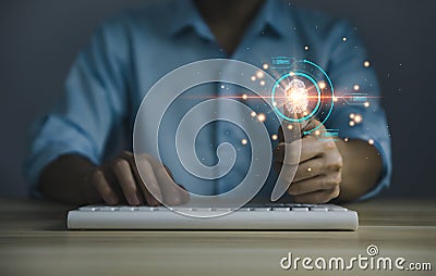 Businessman scans fingerprints for identity verification Biometrics. cybersecurity concept, computer electronic password to access Stock Photo