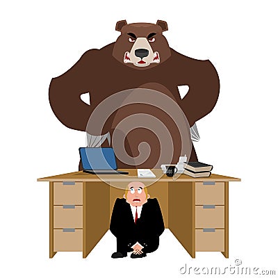 Businessman scared under table of Bear. frightened business man Vector Illustration