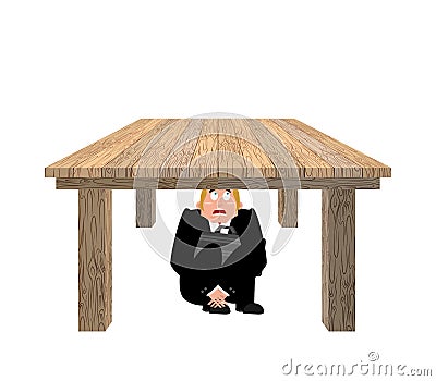 Businessman scared under table. frightened business man under work board. Boss fear office desk. Vector illustration Vector Illustration