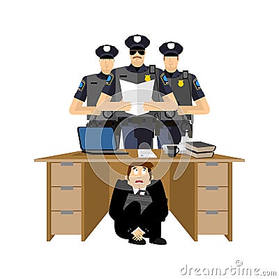 Businessman scared under table of policemen. frightened business Vector Illustration