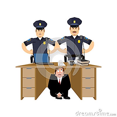 Businessman scared under table of policemen. frightened business Vector Illustration