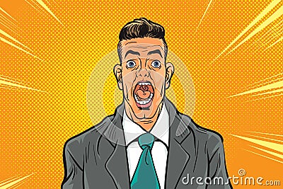 Businessman screams in horror, isolated on white background. Pop art retro illustration Vector Illustration