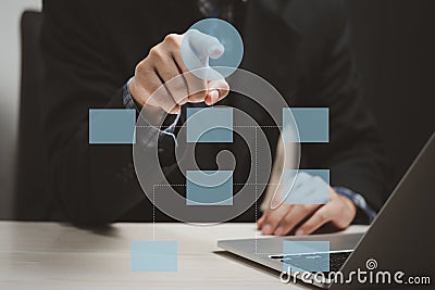 Businessman screen computing adviser flowchart teamwork chart, touching buttons choice man collaboration advantage Checked bubble Stock Photo
