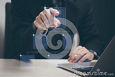 Businessman screen computing adviser flowchart teamwork chart, touching buttons choice man collaboration advantage Checked bubble Stock Photo