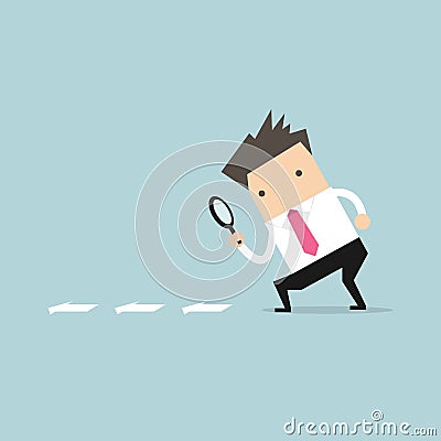Businessman searching through a magnifying glass. Searching, details, clue concept. Flat cartoon style Vector Illustration