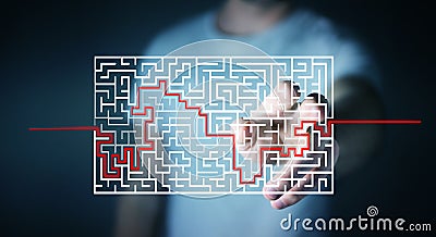 Businessman searching solution of a complicated maze Stock Photo