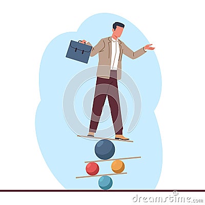 Businessman seeks work life balance by balancing on different colored balls. Man losing control, risk dangerous Vector Illustration