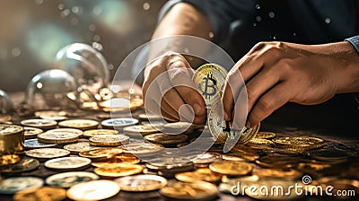 Businessman seizing cryptocurrency in mid-air with analytics screen Stock Photo