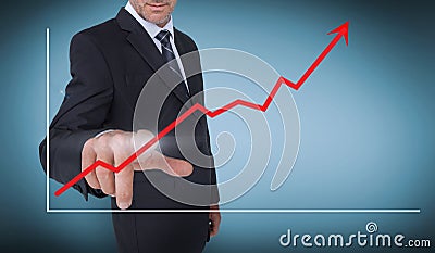 Businessman selecting a red arrow pointing up on a chart Stock Photo