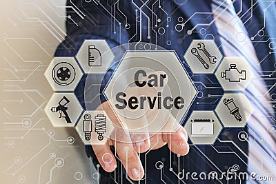The businessman selects a car service on the touch screen with a futuristic background Stock Photo