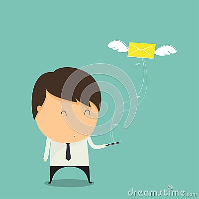 Businessman Send Letter with Wings. Vector Illustration