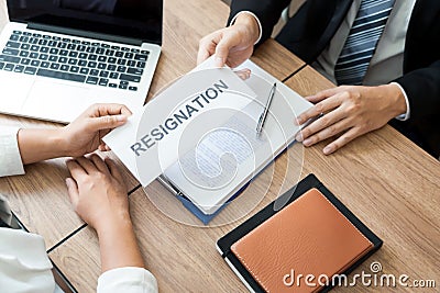 Businessman sending resignation letter to employer boss Including about resignation from positions and vacancies, changing and Stock Photo