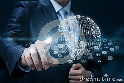 Businessman sends out mail in the network. Stock Photo