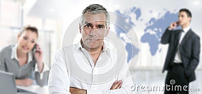 Businessman senior expertise teamwork world map Stock Photo