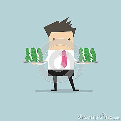 Businessman serve money on the plate Vector Illustration