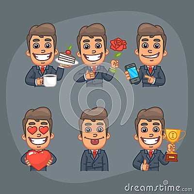 Businessman Set of 6 Poses Stickers Pack Part 6 Vector Illustration