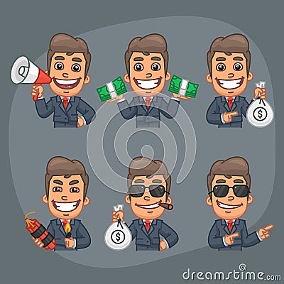 Businessman Set of 6 Poses Stickers Pack Part 7 Vector Illustration
