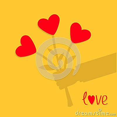 Businessman shadow hand holding bunch bouquet of heart flowers. Yellow background. Love card. Flat design. Vector Illustration