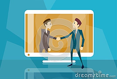 Businessman Shake Hand Web Virtual Internet Business Meeting Computer Screen Vector Illustration