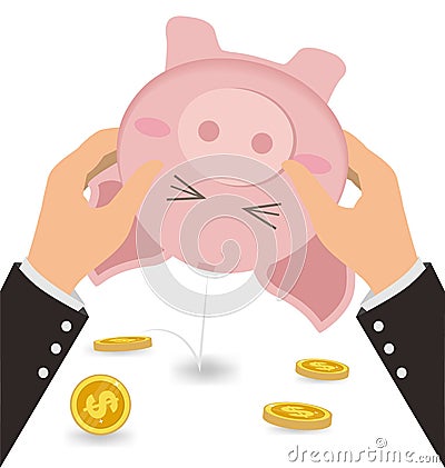Businessman Shaking Money Coin Out of Cute Piggy Bank, Business Vector Illustration