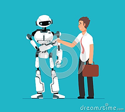 Businessman shaking robots hand. Artificial intelligence, human vs robot vector futuristic background Vector Illustration