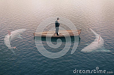 Businessman and sharks Stock Photo