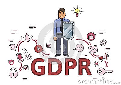 Businessman with a shield among internet and social media symbols. General data protection regulation. GDPR, RGPD, DSGVO Vector Illustration