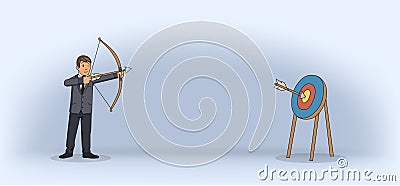 Businessman shooting a bow and arrow. Archery in suit. Flat vector illustration. Horizontal Vector Illustration