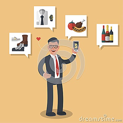 Businessman shopping on-line different goods like groceries, shoes and meats. Colored flat-style illustration on yellow Vector Illustration