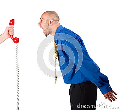 Businessman shouting at Phone Stock Photo