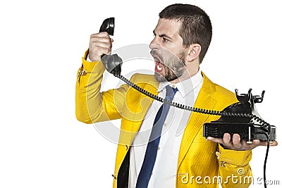 Businessman shouting into the phone handset, nerves exploded Stock Photo