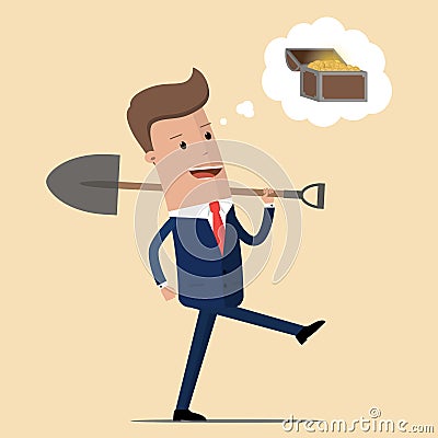 Businessman with a shovel is dreaming of finding a treasure chest with coins. Vector illustration Cartoon Illustration