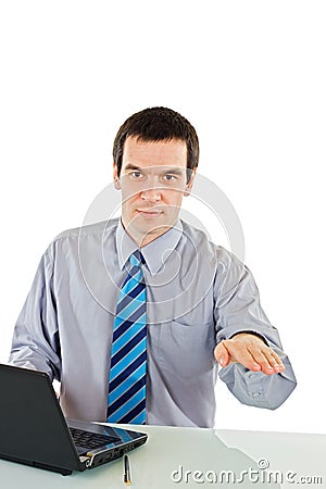 Businessman show calming down sign Stock Photo