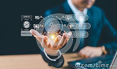Businessman show robot virtual graphic Global Internet web connect Command prompt, Chat AI cpu for developer business. Stock Photo