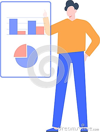 Businessman showing bar graph and pie chart, presenting financial report, analyzing statistical data, explaining Vector Illustration