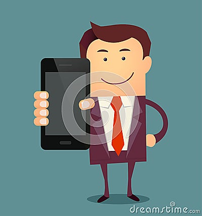 Businessman showing a blank smart phone screen vector illustration Vector Illustration