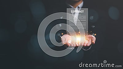 businessman showing contract document icon in hand ,Managing business documents and agreements ,Business contract signing, Stock Photo