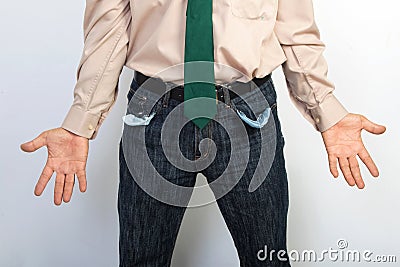 Businessman showing empty pockets concept for bankruptcy Stock Photo