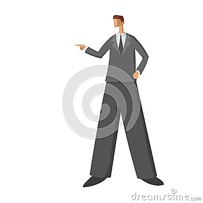 Businessman showing or pointing something beside of him. Abstract style flat illustration isolated on white background. Vector Illustration