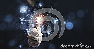 Businessman showing thumb rise up to scan finger print for access to security system includes internet banking, cloud system and Stock Photo