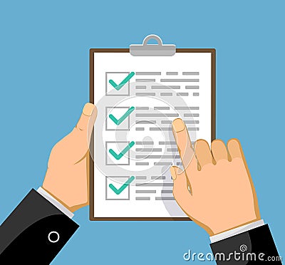 Businessman shows business plan or checklist with green check marks Vector Illustration