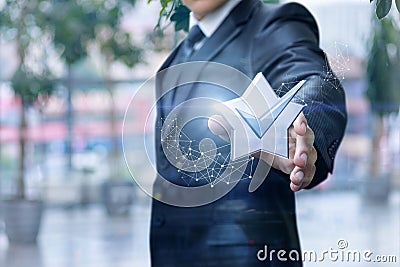 Businessman shows successful experience of work . Stock Photo