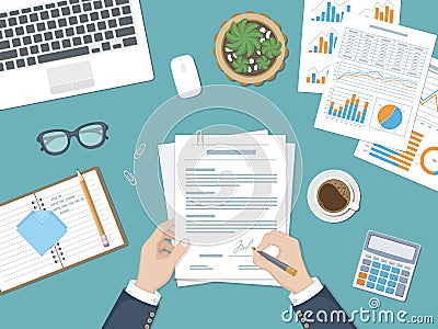 Businessman signing a document. Man hands with pen and contract. The process of business financial agreement. Document with a sign Vector Illustration